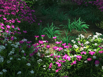 Vibrant Park Garden Landscape With Pink And White Flowers Lush Green Grass And Foliage 3d model