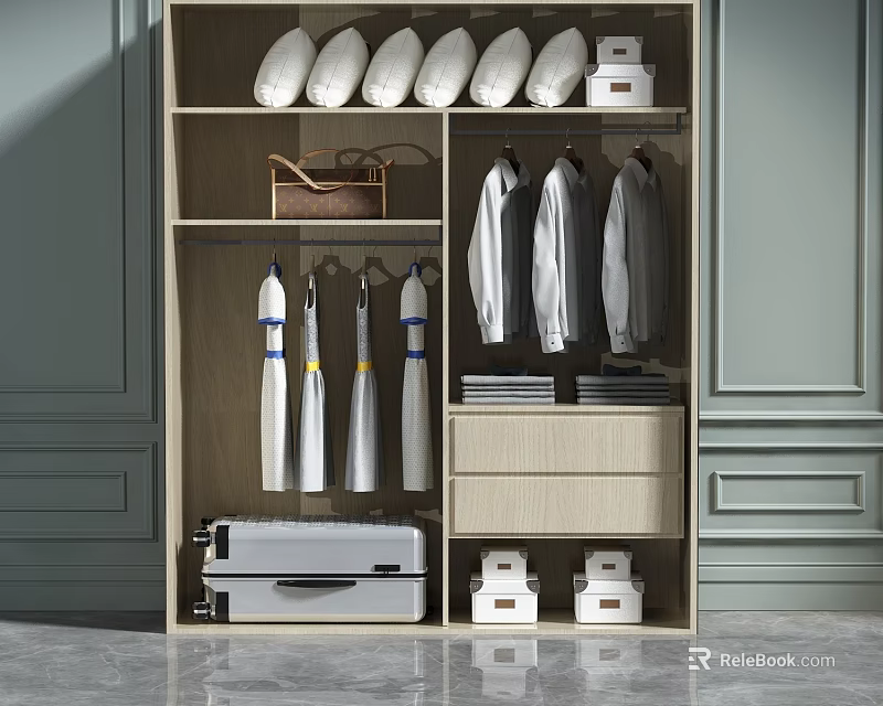 Organized Wardrobe Interior With White Hats Brown Bag Coats Dust Bags Folded Clothes And Storage Drawers 3d model 
