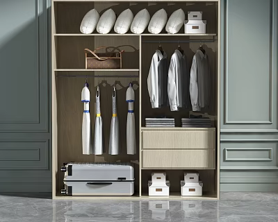 Organized Wardrobe Interior With White Hats Brown Bag Coats Dust Bags Folded Clothes And Storage Drawers 3d model