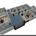 Bird's Eye View Modern Interior Floor Plan With Multiple Rooms Staircase And Plants