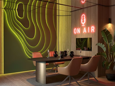 Modern Interior With Green Wavy Neon Wall ON AIR Sign Black Table Brown Chairs Plants 3d model