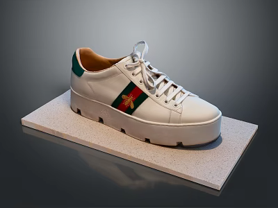 White Fashion Shoes With Green Red Stripes Bee Emblem Thick Sole And White Laces 3d model