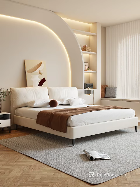 Cozy Bedroom Interior With White Bed Arched Lighting Decorative Painting And Wooden Shelves 3d model 