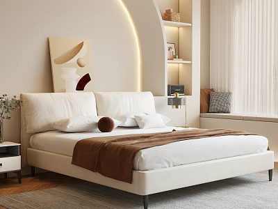 Cozy Bedroom Interior With White Bed Arched Lighting Decorative Painting And Wooden Shelves 3d model