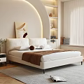 Cozy Bedroom Interior With White Bed Arched Lighting Decorative Painting And Wooden Shelves