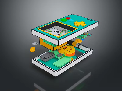 Computer Internal Components Exploded View With Green Circuit Board Yellow Chips And Red Green Buttons 3d model