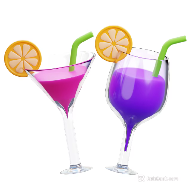 Colorful Fruit Drinks in Glasses with Green Straws and Orange Slices 3d model 