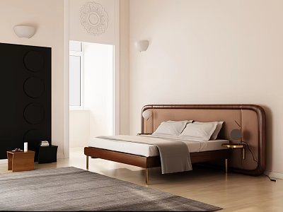 Modern Double Bed With Brown Headboard Gold Legs And Nightstand In Bright Bedroom With Rug 3d model