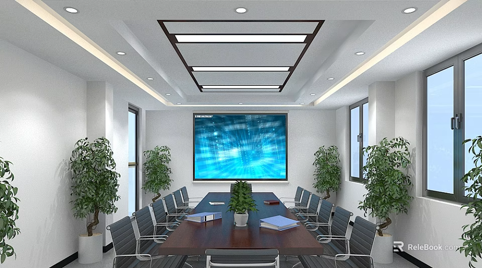 Spacious Conference Room With Long Table Gray Chairs Large Screen Green Plants And Windows 3d model 