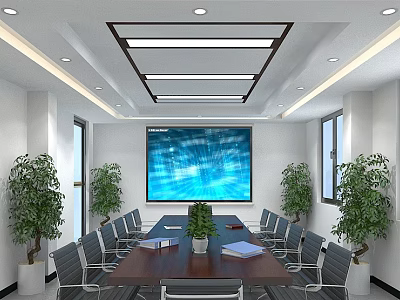 Spacious Conference Room With Long Table Gray Chairs Large Screen Green Plants And Windows 3d model