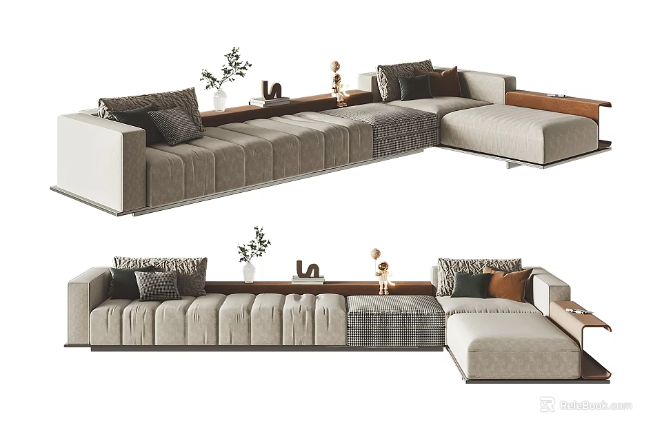 Modern Gray Sectional Sofa Interior With Plush Cushions Side Table And Decor Plants 3d model