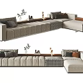 Modern Gray Sectional Sofa Interior With Plush Cushions Side Table And Decor Plants 3d model