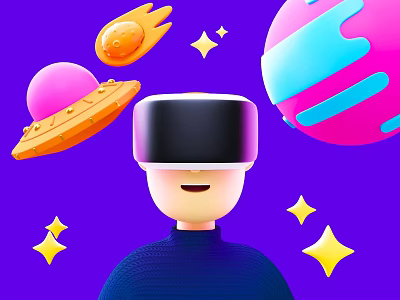 Cheerful Person Wearing VR Headset With Planets Stars And Spaceship In Purple Background 3d model