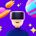 Cheerful Person Wearing VR Headset With Planets Stars And Spaceship In Purple Background