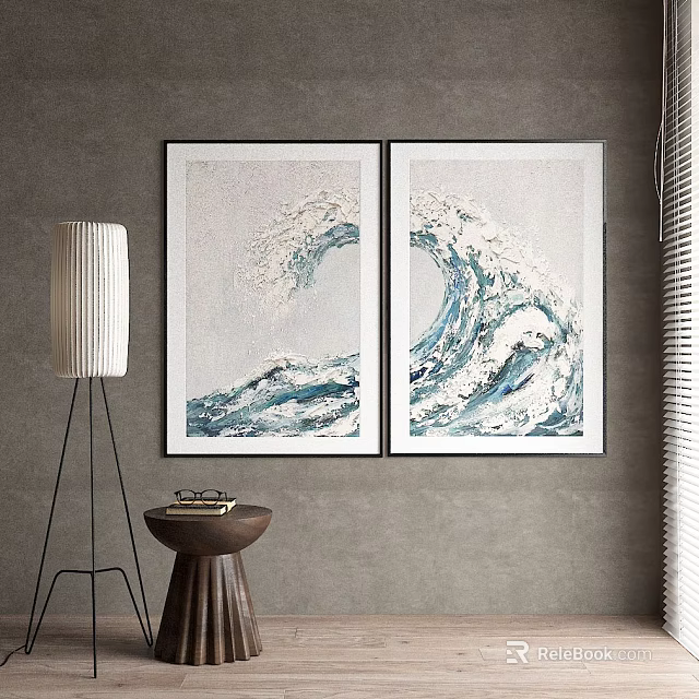 Two Wave Paintings Hung On Gray Wall With Floor Lamp And Small Round Table 3d model