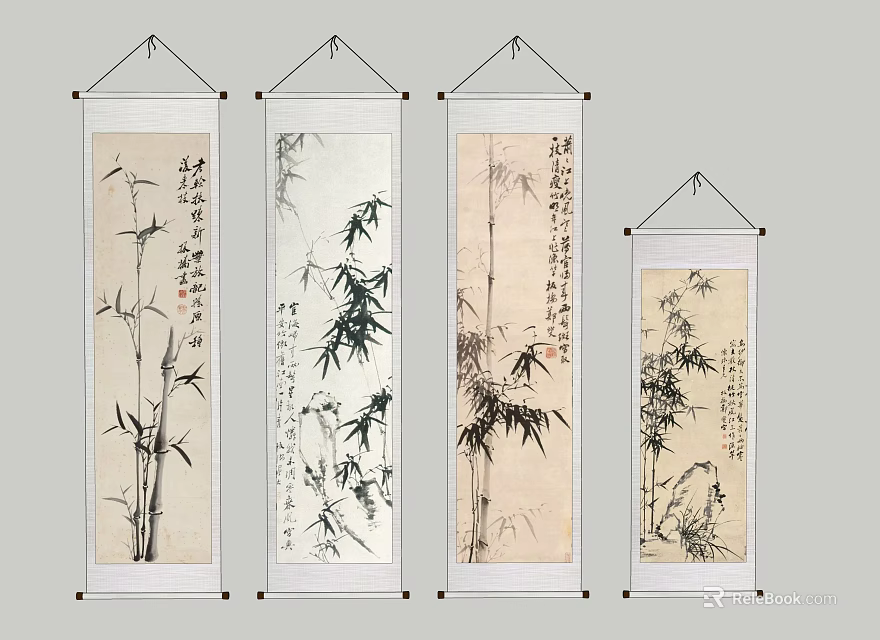 Traditional Bamboo Plant Paintings on Hanging Scrolls with Ink Art and Calligraphy 3d model 
