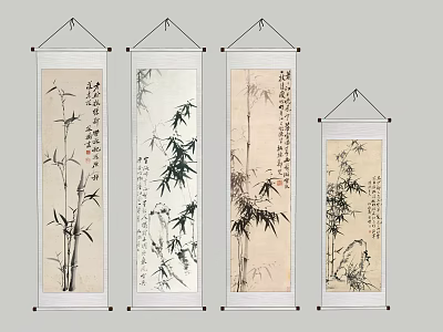 Traditional Bamboo Plant Paintings on Hanging Scrolls with Ink Art and Calligraphy 3d model