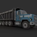 Blue Heavy Duty Dump Truck With Large Cab And Multiple Wheels
