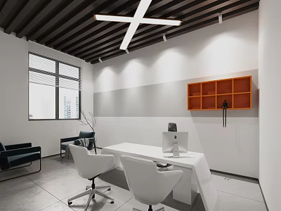 Modern Office Interior With White Desk Orange Bookshelf Computer Chairs And Windows 3d model