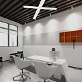 Modern Office Interior With White Desk Orange Bookshelf Computer Chairs And Windows
