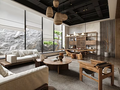 Tranquil Living Room with Large Windows Overlooking Natural Rock Tree View Wooden Sofa Coffee Table 3d model