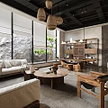 Tranquil Living Room with Large Windows Overlooking Natural Rock Tree View Wooden Sofa Coffee Table