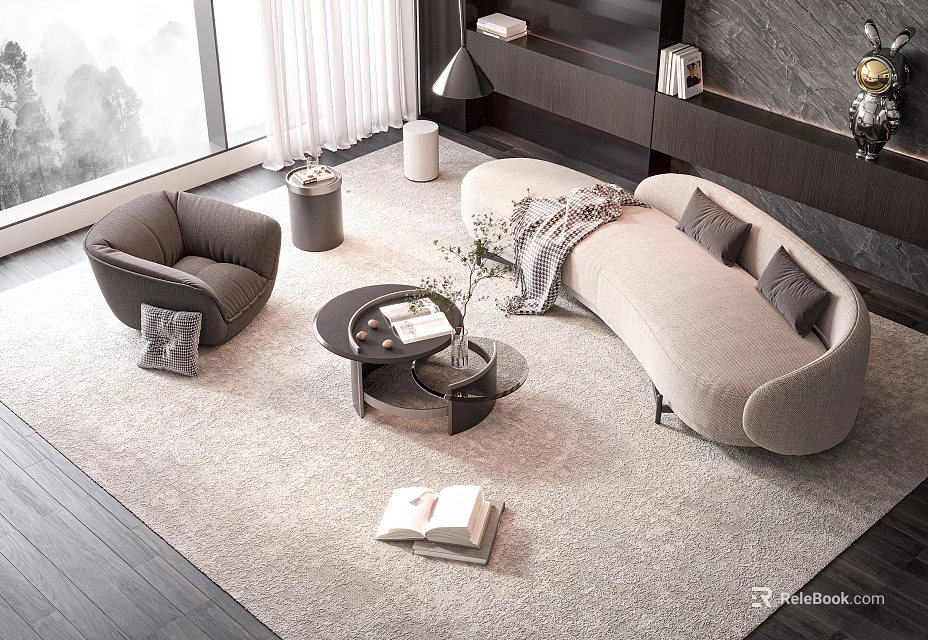 Modern Curved Sofa and Coffee Table Set With Armchair Rug Books and Decorations 3d model 