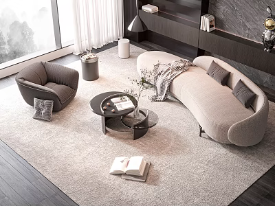 Modern Curved Sofa and Coffee Table Set With Armchair Rug Books and Decorations 3d model