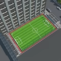 Aerial View Of Football Field With Green Grass White Lines Near High Rise Buildings