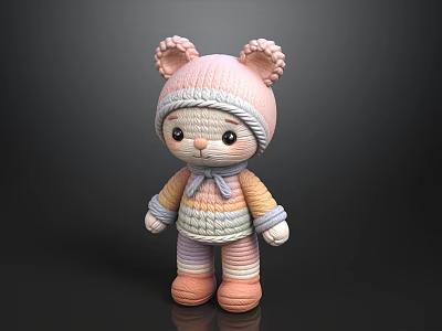 Cute Knitted Teddy Bear Plush Toy With Pink Hat And Striped Clothes 3d model