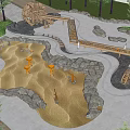 Outdoor Children's Play Area with Natural Sand Pits Rock Borders Wooden Structures and Surrounding Trees