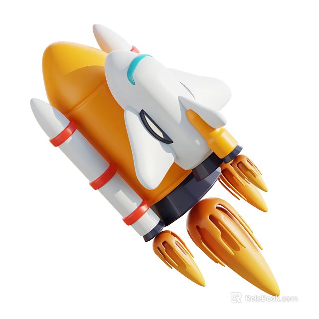 Colorful Cartoon Rocket Toy Featuring Yellow White Body Red Stripes And Orange Thrusters 3d model 