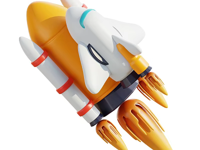 Colorful Cartoon Rocket Toy Featuring Yellow White Body Red Stripes And Orange Thrusters 3d model