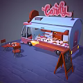 Pink And Blue Candy Food Truck With Sign Various Candies Tables Chairs And Chalkboard Menu