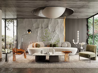 Modern Living Room Interior With Stone Textured Wall White Sofa And Green Plants 3d model