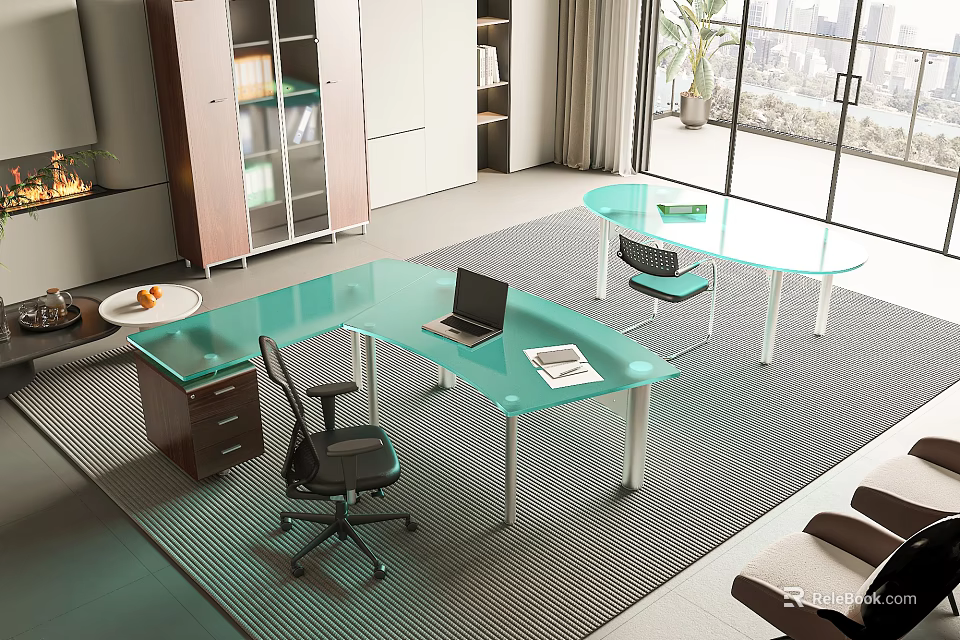 Two Glass Top Office Desks With Laptop And Chair In Modern Interior 3d model 
