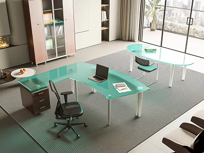 Two Glass Top Office Desks With Laptop And Chair In Modern Interior 3d model