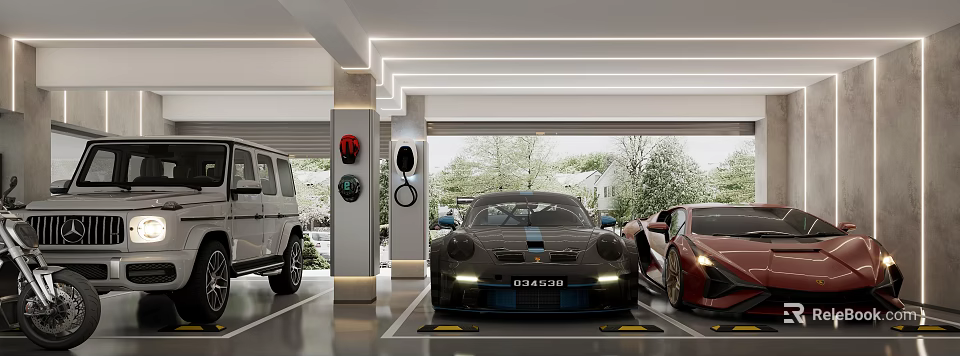 Modern Garage Interior Design With Luxury Cars EV Charging Stations And Contemporary Lighting 3d model 