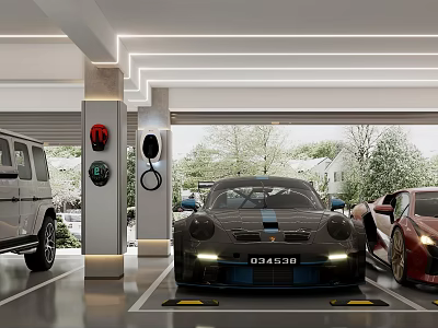 Modern Garage Interior Design With Luxury Cars EV Charging Stations And Contemporary Lighting 3d model