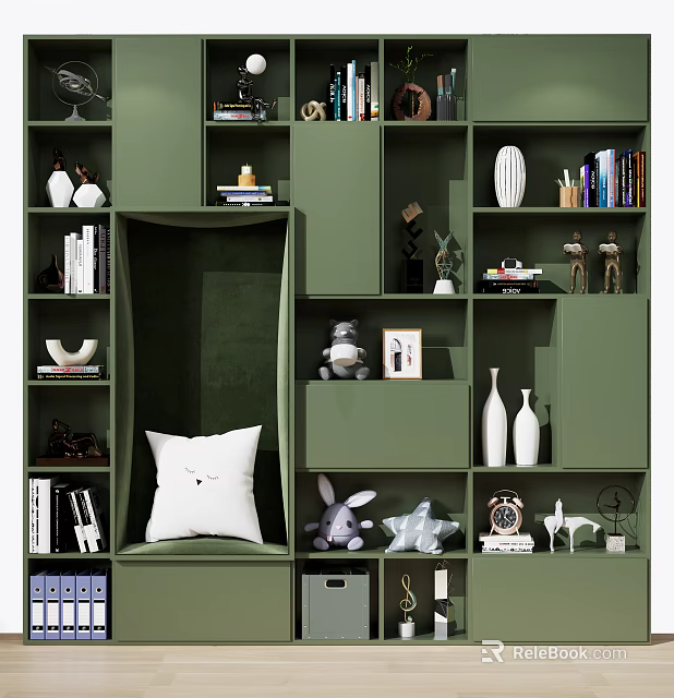 Green Layered Bookcase with Books Decorations Stuffed Toys Photo Frame Vases Clock and White Cushion 3d model 