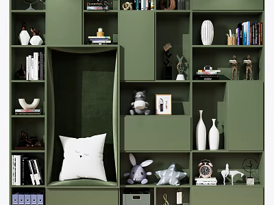 Green Layered Bookcase with Books Decorations Stuffed Toys Photo Frame Vases Clock and White Cushion 3d model
