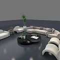 Cozy Beige Curved Sofa Set With Armchairs Black Round Coffee Table And Green Plants