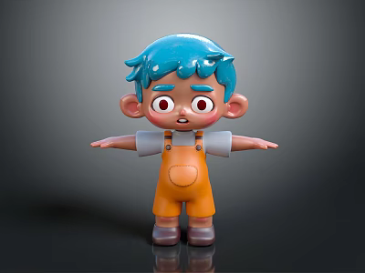 3D Cartoon Game And Movie Character With Blue Hair Big Eyes Orange Overalls White T shirt 3d model