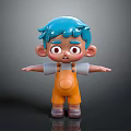 3D Cartoon Game And Movie Character With Blue Hair Big Eyes Orange Overalls White T shirt