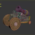 Vintage Medieval Cannon Cart Structure With Wooden Wheels And Metal Barrel