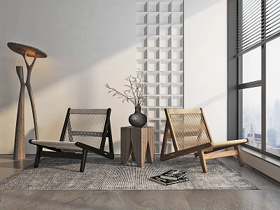 Pair of Modern Woven Leisure Chairs With Side Table And Floor Lamp On Rug 3d model