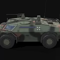 Military Armored Vehicle With Camouflage Paint Weapon Mount And Cross Insignia
