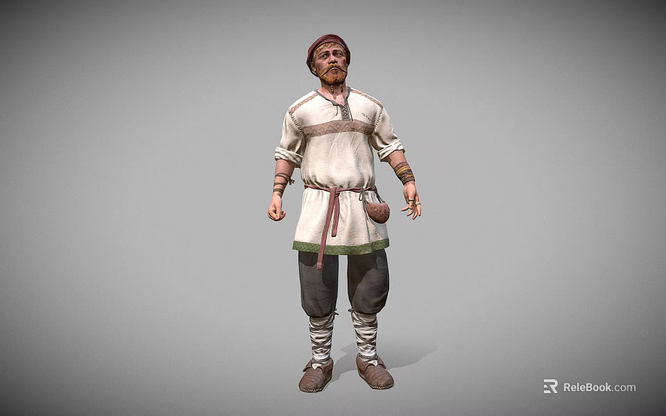Medieval Man in White Shirt with Cross Straps Red Headscarf Dark Pants Brown Shoes 3d model 