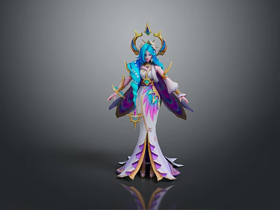 minutesElegant Fantasy Character With Blue Long Hair Ornate Headdress And Purple White Gradient Costume 3d model