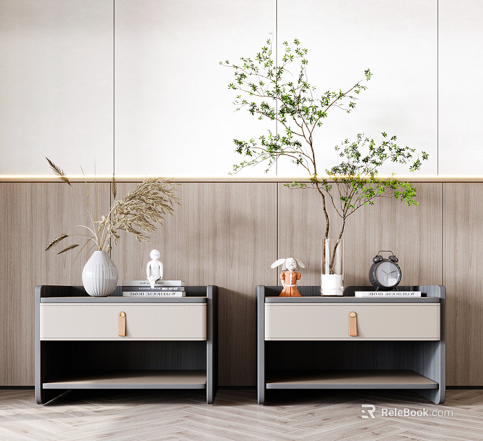Modern Minimalist Bedside Tables With White Vases Dried Plants Greenery Alarm Clock And Wooden Handles 3d model 
